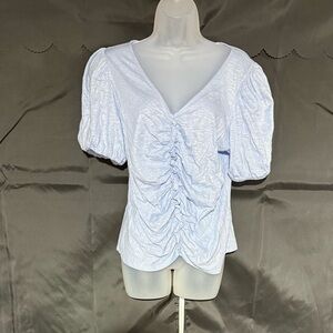 Express Light Blue Sparkling Skimming Shine V-Neck Puff Sleeve